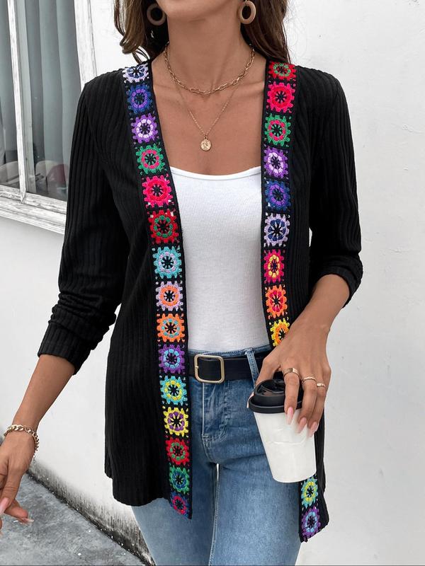 Women's Ethnic Pattern Embroidery Long Sleeve Sweater Cardigan, Elegant Open Front Ribbed Knitwear for Fall & Winter, Fashion Women's Knit Clothing for Daily Wear
